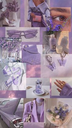 a collage of photos with purple and lavender colors