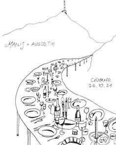 a drawing of a long table with plates and wine glasses on it in front of a mountain