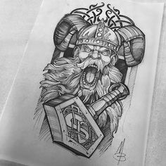 a drawing of an old viking with a hammer and helmet on it's head