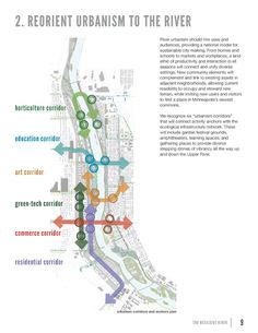 a map with different colored lines on it and the words, 2 recent urbanism to the river