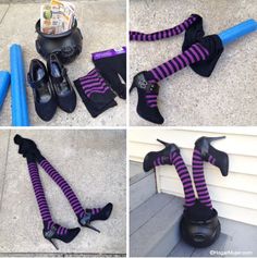 four pictures show different ways to wear striped stockings and socks, including riding helmets and boots