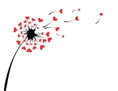 a dandelion with red hearts blowing in the wind, on a white background