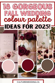 wedding color palettes for the bride and groom in burgundy, pink, gold and white