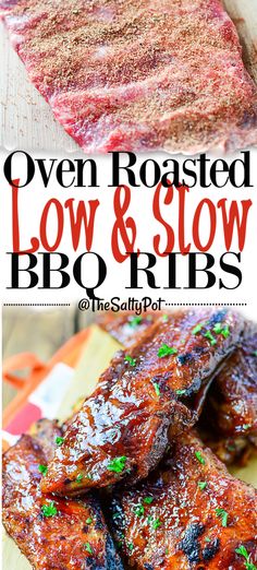 oven roasted low and slow bbq ribs on a cutting board with text overlay