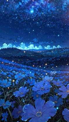 blue flowers are in the foreground, and there is a sky full of stars above them