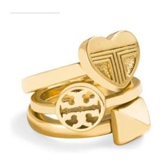 Tory Burch Rings, 3, Os, Never Worn And In Perfect Condition. Gold Stacked Rings, Tory Burch Ring, Vintage Chanel Earrings, Stacked Rings, Golden Spiral, Black Gold Ring, Logo Wear, Spiral Shape, Linking Rings