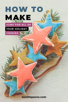 three decorated cookies sitting on top of a white surface with the words how to make icing for all of your holiday cookies