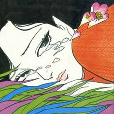 a drawing of a woman laying down with flowers on her head