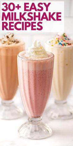 three milkshakes with whipped cream and sprinkles in them