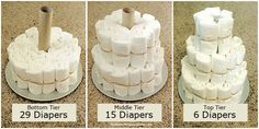 three pictures show the stages of making a diaper cake with toilet paper on top