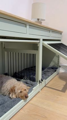 a dog laying in its kennel on the floor