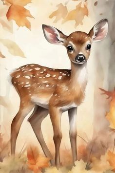 a painting of a young deer standing in the woods with fall leaves on the ground