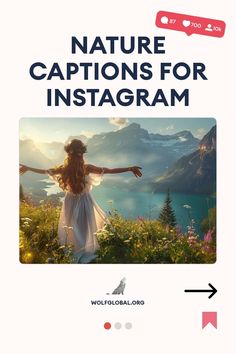 Woman in white dress with arms outstretched in mountainous landscape at sunset.
An inspirational checklist with nature-themed phrases and emojis, with a call-to-action button.
A smiling woman using a laptop surrounded by social media engagement graphics, advertising an Instagram engagement pod. Nature Instagram Captions, Nature Captions For Instagram, Nature Captions, One Word Caption, Old Oak Tree, Nature Instagram, Caption For Yourself, Green With Envy, Captions For Instagram