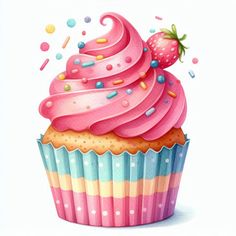 a painting of a cupcake with pink frosting and sprinkles on top