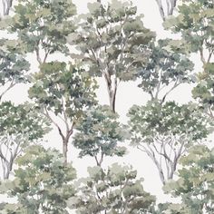 a watercolor painting of trees with green leaves on white background, seamless wallpaper