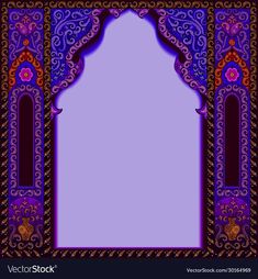 an ornate arch with purple background