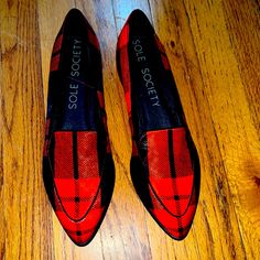 Red And Black Plaid Shoes,Never Worn, Brand New Red Tassel Loafers With Red Sole, Black Slip-on Loafers With Red Sole, Red Slip-on Leather Shoes With Removable Insole, Red Slip-on Loafers With Textured Sole, Red Tassel Loafers With Slip-on Red Sole, Plaid Shoes, Cow Hide, Sole Society, Red And Black Plaid