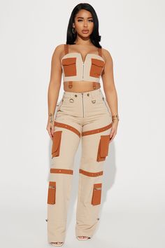 Available In Khaki/combo. Pant Set Crop Top Front Pockets Front Zipper Wide Leg Pant Hight Waist Cargo Pockets Belt Loops Button And Zipper Closure Shell 1:100% Cotton Shell 2:100% Cotton Imported | From Now On Pant Set in Khaki size Small by Fashion Nova Pants Set Outfit Women, 2piece Outfits, Crystal Aesthetic, Cute Skirt Outfits, Cargo Pants Outfit, Set Outfits, Effortlessly Chic Outfits, Beachwear Fashion, Bodysuit Top