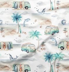 an image of a beach scene with a vw bus and palm trees on it