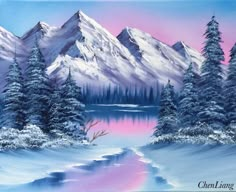 a painting of snow covered mountains and trees in the foreground is a lake with pink water