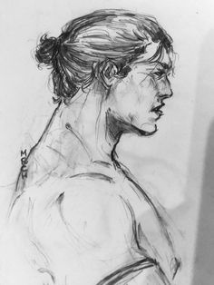 a black and white drawing of a woman's head with her hair pulled back