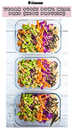 three plastic containers filled with different types of salads and vegetables on top of each other