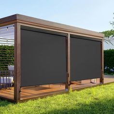 an outdoor covered patio area with sliding doors and blinds on the outside, surrounded by green grass