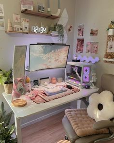 a desk with a computer monitor and keyboard on it