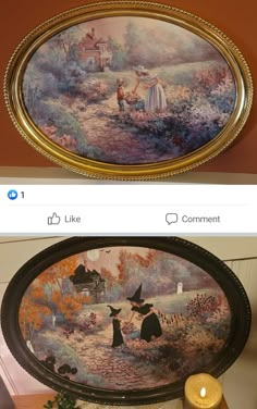 two pictures one with a painting and the other with a candle in it that is on top of a table