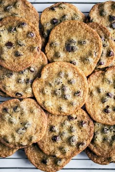 chocolate chip cookies arranged on a cooling rack