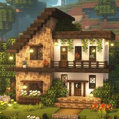 an animated house in the middle of a lush green field with flowers and trees around it