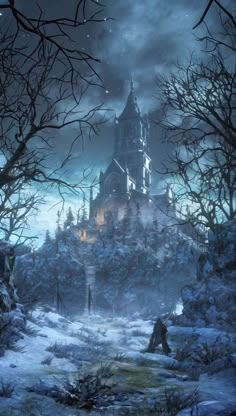 a painting of a castle in the middle of a snowy landscape with trees and bushes