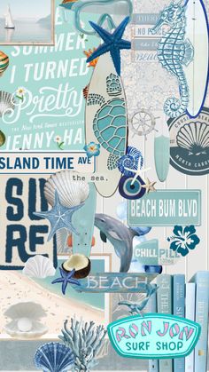 a collage of various items including shells, surfboards and other sea related items