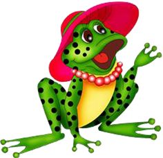 a green frog wearing a pink hat and polka dot necklace with her mouth open wide open