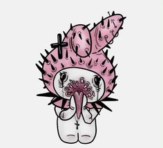 a drawing of a pink monster with spikes on it's head and cross on its chest