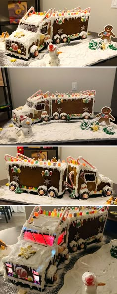 three pictures of a truck made out of gingerbreads and frosted with icing