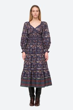 The Noah print long sleeve dress features smocked detailing and ruffle accents. Details: 100% cotton hidden back zipper Ruffle Long Sleeve Dress, Sea Dress, Sea Ny, Cotton Slip, Long Sleeve Print Dress, Apron Dress, Smocked Dress, Red Midi Dress, Dyed Dress