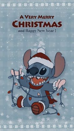 a merry christmas card with an image of stitchy the rat in a santa hat