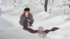 an animated image of a woman and a dog in the snow