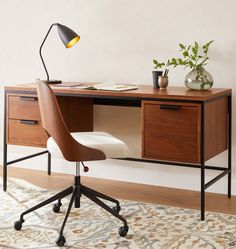 a desk with a lamp and some plants on it