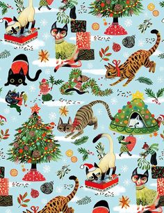 a blue background with cats and christmas trees