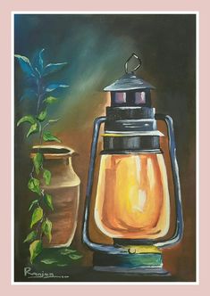 a painting of a lantern next to a potted plant