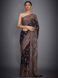 Ritu Kumar Black Nagina Ari Embroidered Saree With Unstitched Blouse USD 3,216 Saree With Cutwork Border, Ritu Kumar, Clothes Stand, Embroidered Saree, Black Saree, Indian Fashion Designers, Blouse Online, Printed Sarees, Blouse Fabric