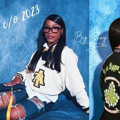 two pictures of a woman with black hair and glasses sitting on a blue background, one has her legs crossed