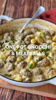 one pot gnocchi and meatballs recipe in a white bowl with a spoon