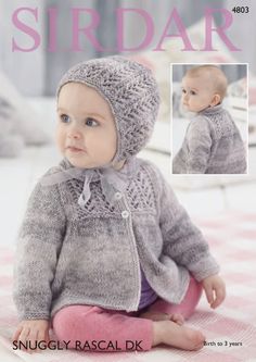 an image of a baby wearing a knitted sweater and hat in sirdar knitting pattern