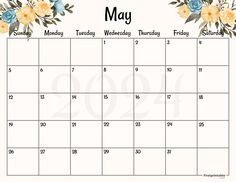 may calendar with flowers on it and the date for each month in blue, yellow and white