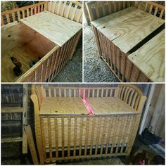 three pictures of the inside of a wooden baby crib, with wood slats on top and bottom