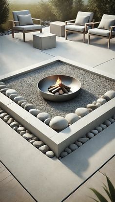 an outdoor fire pit surrounded by rocks and gravel with lounge chairs in the back ground