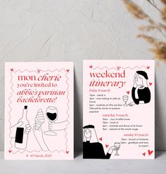 two wedding cards with wine glasses and hearts on them, one for the bride and the other for the groom